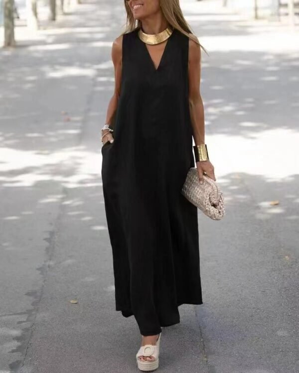 Deepali V-neck Sleeveless Long Cotton and Linen Dress