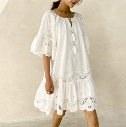 Nialisa Embroidered Cotton Breathable White Dress