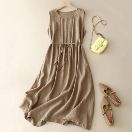 Resilia Round Neck Sleeveless Cotton Linen Loose Dress