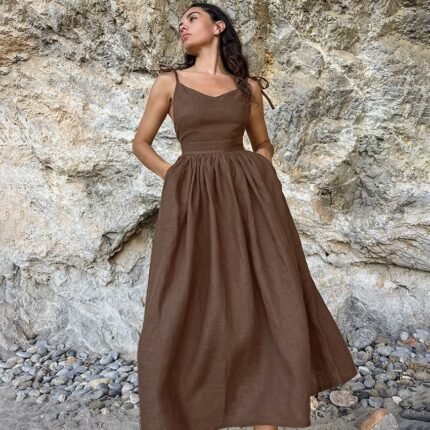 Santorini French Cotton And Linen Breathable Strap High Waist Dress