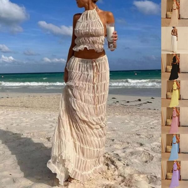 Sila 2pcs Backless Cropped Halter Top And Pleated Long Skirt