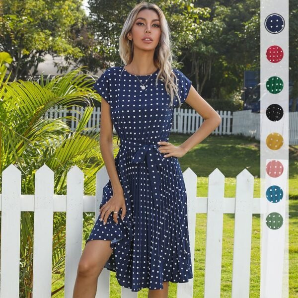 Summer Polka Dot Short Sleeve Pleated Dress