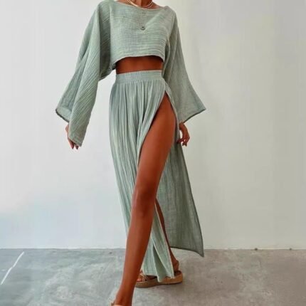 Tofie Short Top Slit Skirt Cotton Linen Two-piece Set